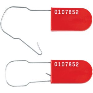 Two MH-USA Red Wire Padlock Seals, marked 0107852, display a unique curved silver wire. One seal is closed; the other is partly open, highlighting its hook mechanism.