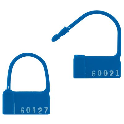 SE1025BL.jpg Two MH-USA blue plastic padlock seals, each with a unique number and flexible locking loops, are ideal for securing items. Sold in cases of 1000, these reliable seals ensure maximum security and easy identification for various uses.