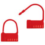 A pair of MH-USA Red Plastic Padlock Seals is shown with looped tops and rectangular bodies, each marked with unique serial numbers 60127 and 60021. These security seals come in cases of 1000 and are crafted to deter tampering.