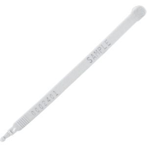 The MH-USA 7 1/2 white plastic truck seal is ideal for securing cargo, featuring a SAMPLE mark, number 002401, grooved texture, and a reliable lock. Sold in cases of 100 units.