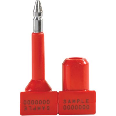 SE1032R.jpg Two red insulated hex crimp pin terminals are labeled SAMPLE 000000. One has a pointed metal connector, the other shows a hollow opening, both echoing the precision of MH-USAs 1 1/4 Red Bolt Seals.