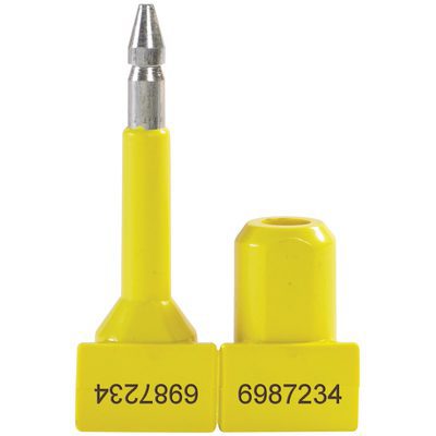 SE1032Y.jpg Two MH-USA 1 1/4 Yellow Bolt Seals, each with black serial numbers and sturdy rectangular bases, are displayed: the left seal with a metal tip is numbered 6987234, while the right seal has its number reversed as 4372896.