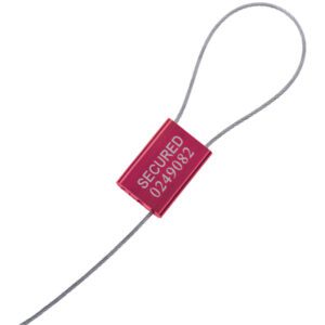 The MH-USA 1/16 x 12 cable seals in red, featuring a security tag with SECURED and ID 0249082, offer robust industrial protection. Sold in cases of 100, they ensure reliable security.