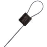The MH-USA 1/8 x 12 Cable Seals - Black, offered in cases of 50, feature a metal wire with a black rectangular lock that forms a secure loop, displaying SECURED and the number 0186024, ensuring reliability and safety for various applications.