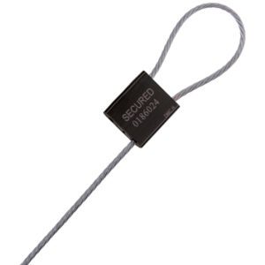 The MH-USA 1/8 x 24 Cable Seal features a looped end and a black rectangular lock marked Secured 0186024, crafted from intertwined silver metal strands for durable protection.