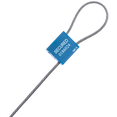 SE1070BL.jpg A security cable loop featuring a blue lock with SECURED 018024 DINCE-H. The metal cable forms a loop, and the rectangular lock is blue. Its akin to MH-USA 1/8 x 24 Cable Seals - Blue (50/Case), ensuring reliability.