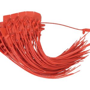 The cluster of red, flexible plastic tools mirrors the orderly, curved design of the Vestil Red Polypropylene Security Seal 14.25In, featuring elongated shapes with small spikes for enhanced functionality and security.