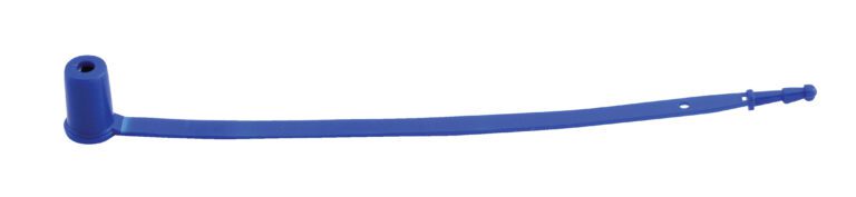 The Vestil Blue Polypropylene Security Seal 8.125In features a locking mechanism and pointed tip, with a long narrow strip and a hole near the lock for added security.
