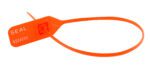 A 15-inch orange security seal featuring a looped plastic strap and rectangular tag displaying SEAL 0204090, similar in design to the durable Vestil Red Polypropylene Security Seal.