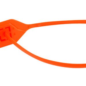 A 15-inch orange security seal featuring a looped plastic strap and rectangular tag displaying SEAL 0204090, similar in design to the durable Vestil Red Polypropylene Security Seal.