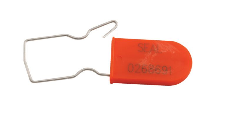 A security seal with the appearance of the Vestil Red Polypropylene Security Seal 3 In, made of orange plastic and metal, displays SEAL and the number 028891, and includes a looped metal wire.