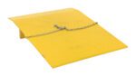 A yellow metal dock board, similar to the Vestil Steel Truck Dockplate 4400 Lb 48 X 60, has a textured surface, central chain attachment, slight incline, and visible wear marks indicating frequent use.