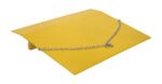 The yellow metal wheel chock, textured and equipped with a chain, is designed to prevent vehicle movement with durability akin to the Vestil Steel Truck Dockplate 6875 Lb 60 X 48.