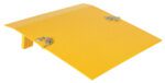 The Vestil Steel Truck Dockplate, with a 5500 lb capacity and 60 x 60 dimensions, is a reliable yellow bridge for loading. It features a textured surface and two chains for secure attachment, ensuring smooth movement of goods over small gaps.