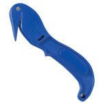 The MH-USA Stretch Wrap Cutter (2/Case) is a blue safety box cutter featuring a curved, ergonomic handle and a concealed blade, with a top hook-like cutter for easy, safe package opening.