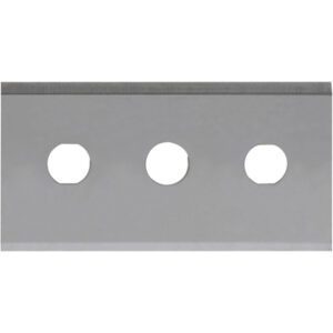 The MH-USA Stretch Wrap Cutter Blades (10/Case) include straight-edged metal blades with three evenly spaced round holes in the center, a shiny surface, and a sharp top edge for efficient slicing.