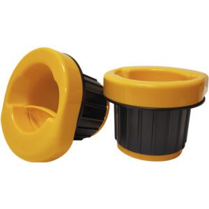 Two black-and-yellow MH-USA Hand-Saver Dispensers (1 Pair/Case) with open tops and ribbed sides, one upright displaying the open top and the other tilted to reveal the bottom, resemble small portable containers.