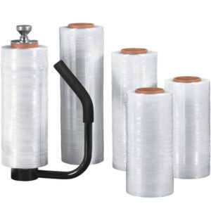 Five rolls of MH-USA Stretch Wrap (12x90 Gauge x 1500) are shown. Four stand upright, and one is on a black handheld dispenser with a metal top, perfect for streamlining your packaging tasks.
