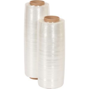 Two rolls of MH-USA Pre-Stretch Wrap (14.5 x 38 Gauge x 1500, 1 Pack) with brown cardboard cores stand upright, perfect for efficient packaging and securing items.
