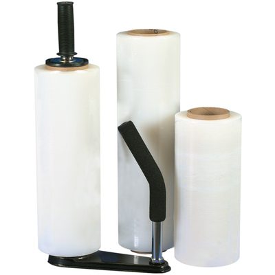 SF156.jpg The MH-USA 15 x 60 Gauge x 2000 Blown Hand Stretch Wrap (4/Case) is prominently displayed. Two rolls are upright, and another is set for use on a hand-held dispenser with a black handle, all featuring durable cardboard cores.