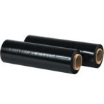 Two rolls of MH-USA 15 x 80 Gauge x 1500 Opaque Hand Stretch Wrap (4/Case) sit side by side, offering a sleek and glossy finish when tightly wound around their sturdy cardboard cores.