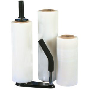 Three rolls of MH-USA 18 x 120 Gauge x 1000 Blown Hand Stretch Wrap (4/Case), with two standing vertically and one arranged horizontally, feature a black-handled dispenser. The rolls have brown cardboard cores, and the glossy plastic wrap contrasts the simple packaging.