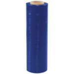 One MH-USA 18 x 120 Gauge x 1000 Blue Cast Hand Stretch Wrap roll, from a four-roll case, with a sturdy cardboard core, stands upright against a pristine white background.