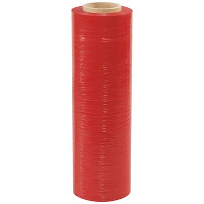 SF181CRED.jpg The MH-USA 18 x 120 Gauge x 1000 Red Cast Hand Stretch Wrap (4 Rolls/Case) is displayed upright against a plain white background, highlighting its vibrant color and practicality.