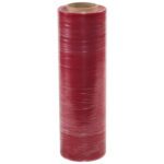 A roll of MH-USA 17 x 80 Gauge x 1500 Anti-Static Hand Stretch Wrap (4/Case) stands upright, tightly wound with glossy red film around a cardboard core, revealing its intricately layered surfaces.