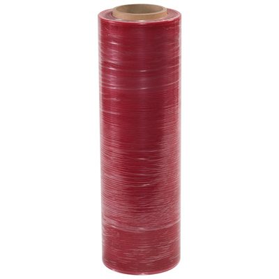 SF188CASTAS.jpg A roll of MH-USA 17 x 80 Gauge x 1500 Anti-Static Hand Stretch Wrap (4/Case) stands upright, tightly wound with glossy red film around a cardboard core, revealing its intricately layered surfaces.