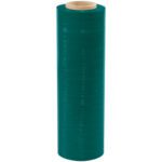 The MH-USA 18 x 80 Gauge x 1500 Green Cast Hand Stretch Wrap (4/Case) features a dark green film wrapped around a cardboard core, shown on a light background. The pack of four rolls offers durability and versatility for packaging needs.