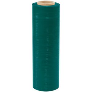 The MH-USA 18 x 80 Gauge x 1500 Green Cast Hand Stretch Wrap (4/Case) features a dark green film wrapped around a cardboard core, shown on a light background. The pack of four rolls offers durability and versatility for packaging needs.