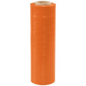An MH-USA 18 x 80 Gauge x 1500 Orange Cast Hand Stretch Wrap, part of a 4 rolls per case set, stands upright against a white background, revealing its cylindrical form with a visible cardboard core at the center.