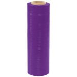 The vibrant hue and durability of MH-USAs Purple Cast Hand Stretch Wrap, sized 18 x 80 Gauge x 1500, with a cardboard core, is showcased upright against a plain white background.