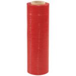 A roll of MH-USA 18 x 80 Gauge x 1500 Red Cast Hand Stretch Wrap (4/Case) stands upright against a white background. This tightly wound wrap, set on a cardboard core, is ready for versatile wrapping or packaging tasks.