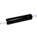 A roll of MH-USA 20 x 80 Gauge x 1000 Black Extended Core Opaque Stretch Wrap features a cylindrical core and white handles for efficient wrapping, providing optimal security with its tightly wound glossy film.