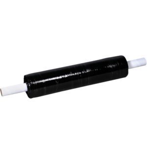 A roll of MH-USA 20 x 80 Gauge x 1000 Black Extended Core Opaque Stretch Wrap features a cylindrical core and white handles for efficient wrapping, providing optimal security with its tightly wound glossy film.