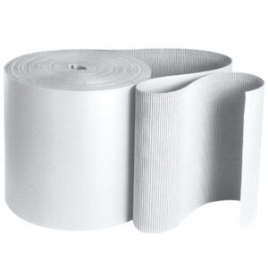 An unrolled section of the MH-USA 48 x 250 - B Flute White Singleface Corrugated Roll reveals wave-like curves, with its light gray surface displaying vertical, parallel ridges.