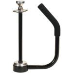 The MH-USA Heavy-Duty Knob Grip Stretch Wrap Dispenser boasts a sleek black design with a sturdy handle and metal turning knob. Its angled handle has protective foam for comfort, resembling a manual can openers grip.