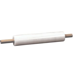 The MH-USA 15 x 80 Gauge x 1000 Extended Core Cast Stretch Wrap roll, with brown cardboard handles, is perfect for tightly wrapping and securing items for storage or transport.
