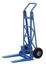 The Vestil Adjustable Fork Hand Truck, with a 20 wide frame and 250 lb capacity, features a sleek blue design, two black wheels, flat metal prongs for lifting items, an upright handle, and geometric support for easy maneuverability.