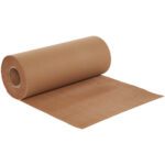 An unrolled MH-USA 18 x 25 Cohesive Singleface Roll of brown corrugated cardboard showcases its ridged texture against a white background.
