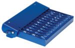 The Vestil Spring-Loaded Serrated Fold-Up Step is a blue metal step designed with a textured, corrugated surface for grip. This rectangular step features two mounting holes on one side for easy installation.