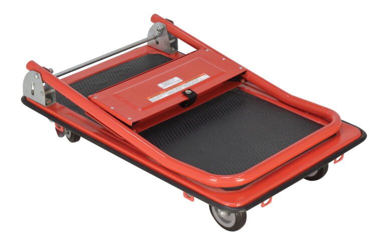 The Vestil Platform Truck - Steel Folding Handle is a red and black cart with four wheels and a sturdy flat base, designed for easy transport of heavy items.