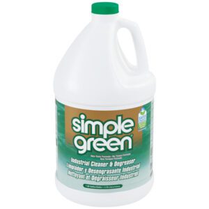 The 1-gallon jug Simple Green® Original (6/Case) is large and white, featuring English, Spanish, and French text. It highlights Industrial Cleaner & Degreaser with a 100% recyclable badge. The design includes a handle and green cap for convenience.