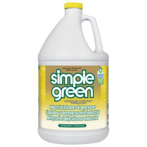 A 1-gallon Simple Green® Lemon industrial cleaner offers powerful degreasing with a fresh lemon scent. The jug has a yellow-green, bilingual label highlighting its Safer Choice certification and comes in a case of six for convenience.