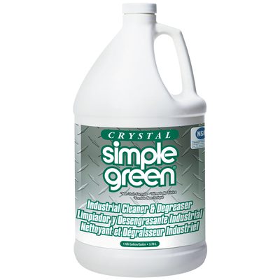 SG1200.jpg A large white jug of Simple Green® Crystal Industrial Strength - 1 Gallon (6/Case) with a gray diamond plate pattern features English and Spanish labels that emphasize its powerful industrial cleaning and degreasing properties.