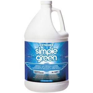 A 1-gallon white jug of Simple Green® Extreme Extra Heavy Duty cleaner features a blue label with the brand name in bold, promoting its use as an aircraft and precision cleaner, with text in English and French.