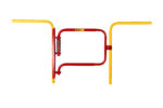 The Little Giant Adjustable Spring Safety Gate features a vibrant red and yellow design with a central spring mechanism. Its adjustable latch ensures controlled access, making it perfect for various environments requiring entry regulation.
