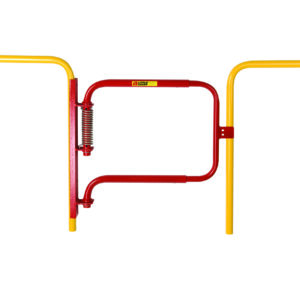 The Little Giant Adjustable Spring Safety Gate features a vibrant red and yellow design with a central spring mechanism. Its adjustable latch ensures controlled access, making it perfect for various environments requiring entry regulation.